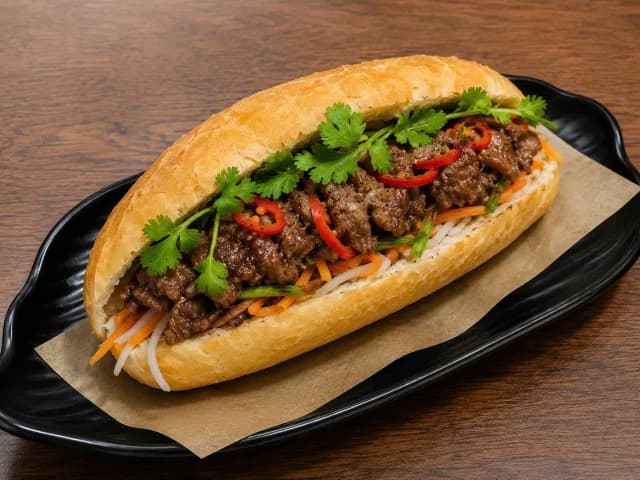 A baguette filled with vegetables, herbs, and a savoury filling.