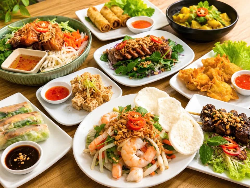 A table filled with colourful dishes to share.